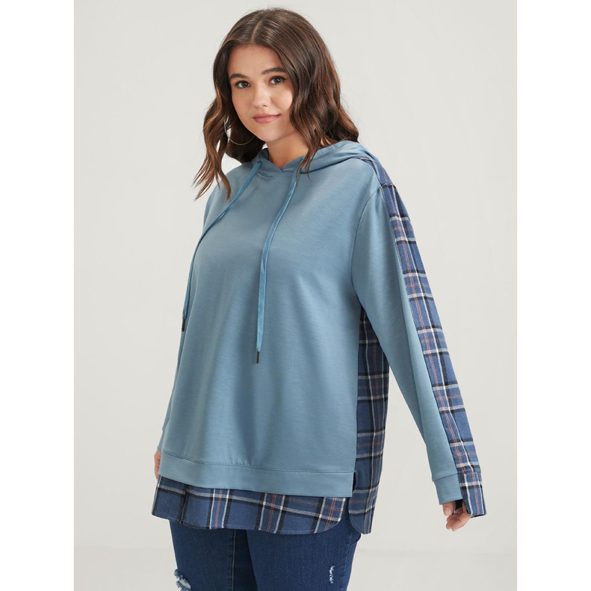 Plus Size Plaid Contrast Asymmetrical Drawstring Hooded Sweatshirt Women DarkBlue Casual Contrast Loose Hooded Dailywear Sweatshirts BloomChic 18-20/2X Product Image