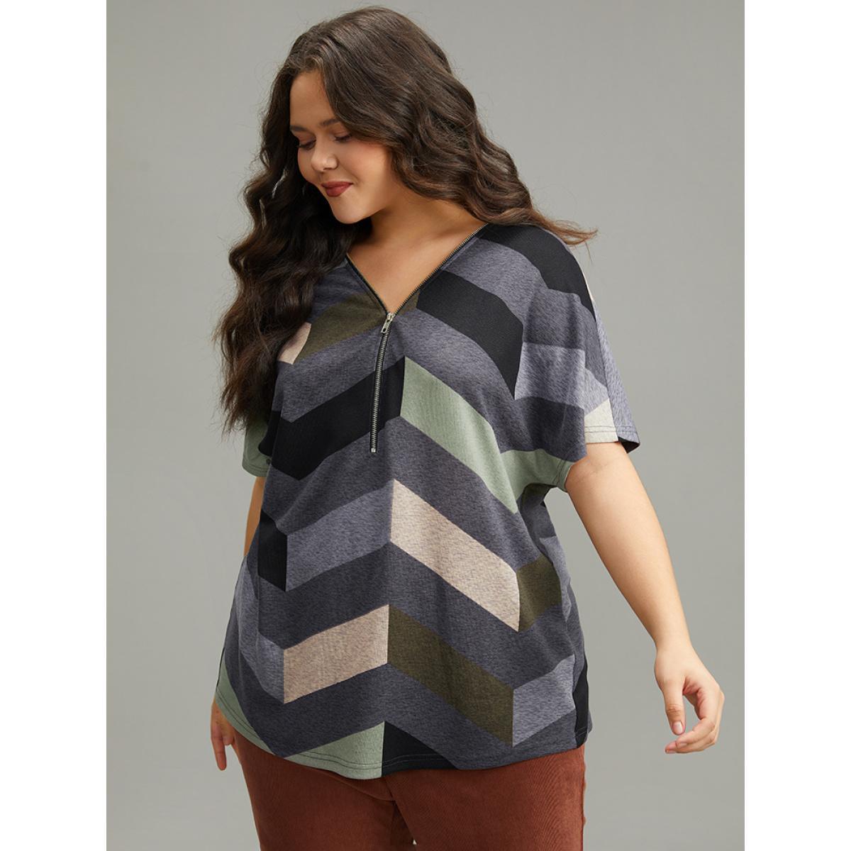 Plus Size Striped Zipper Batwing Sleeve T-shirt Gray Women Casual Zipper Striped V-neck Dailywear T-shirts BloomChic 12/L Product Image