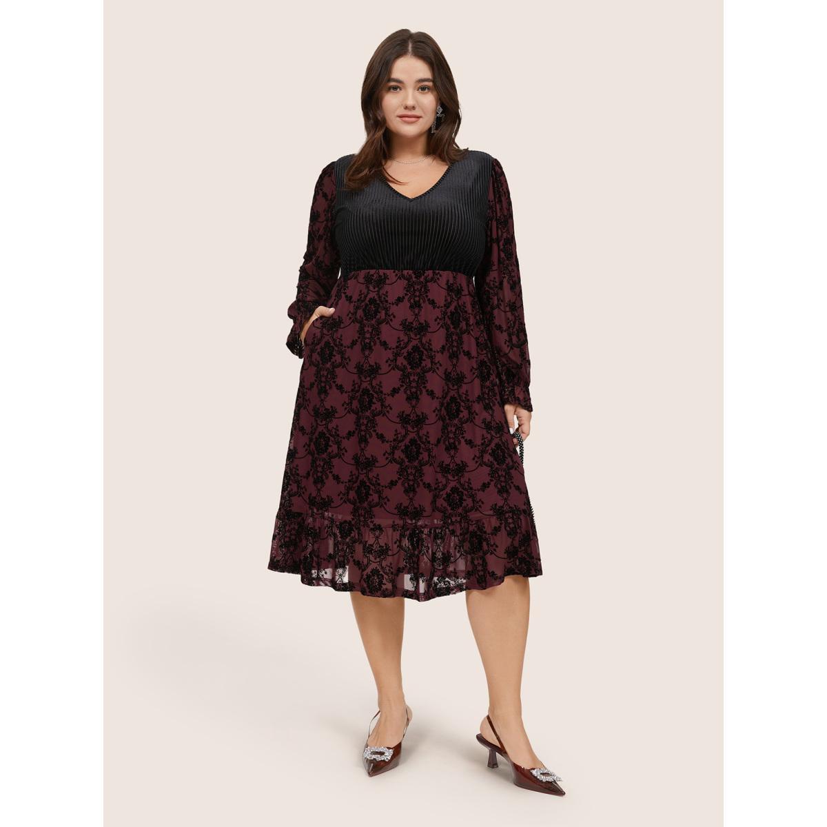 Plus Size Velvet Patchwork Geometric Pleated Dress Scarlet Women Elegant Texture V-neck Long Sleeve Curvy Midi Dress BloomChic 22-24/3X Product Image