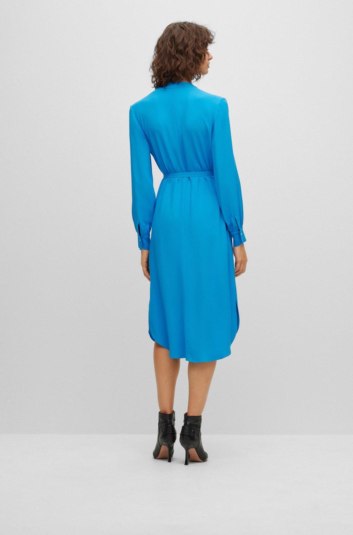 Belted dress with collarless V neckline and button cuffs Product Image