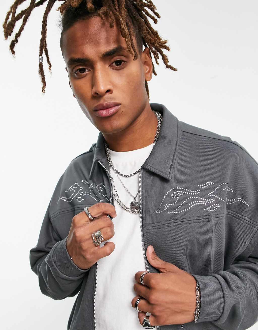 ASOS DESIGN oversized jersey jacket in gray with diamante chest print Product Image