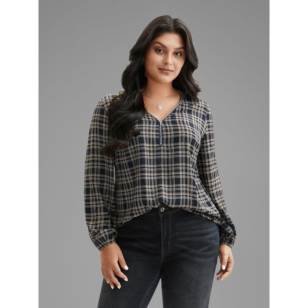 Plus Size Indigo Plaid Zipper Front Lantern Sleeve Blouse Women Elegant Long Sleeve V-neck Everyday Blouses BloomChic 14-16/1X Product Image