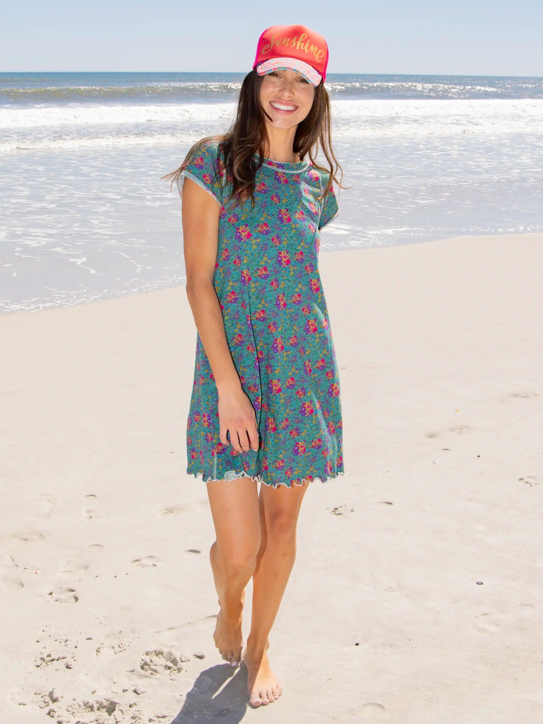 Lily Knit Cotton Tee Dress - Turquoise Floral Medallions Product Image