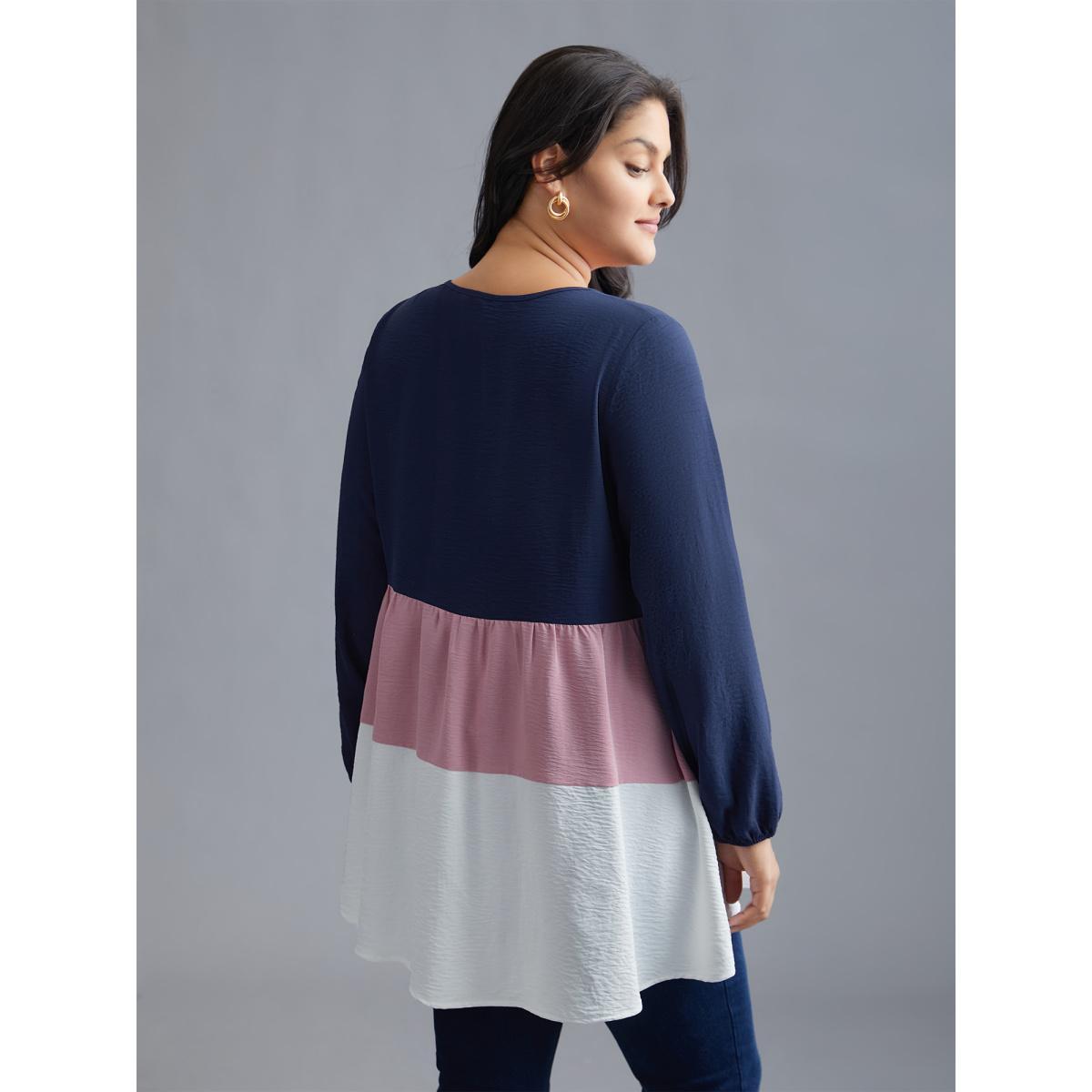 Plus Size Indigo Color Contrast High Low Hem Patchwork Blouse Women Elegant Extra Long Sleeve Round Neck Everyday Blouses BloomChic 28/5X Product Image