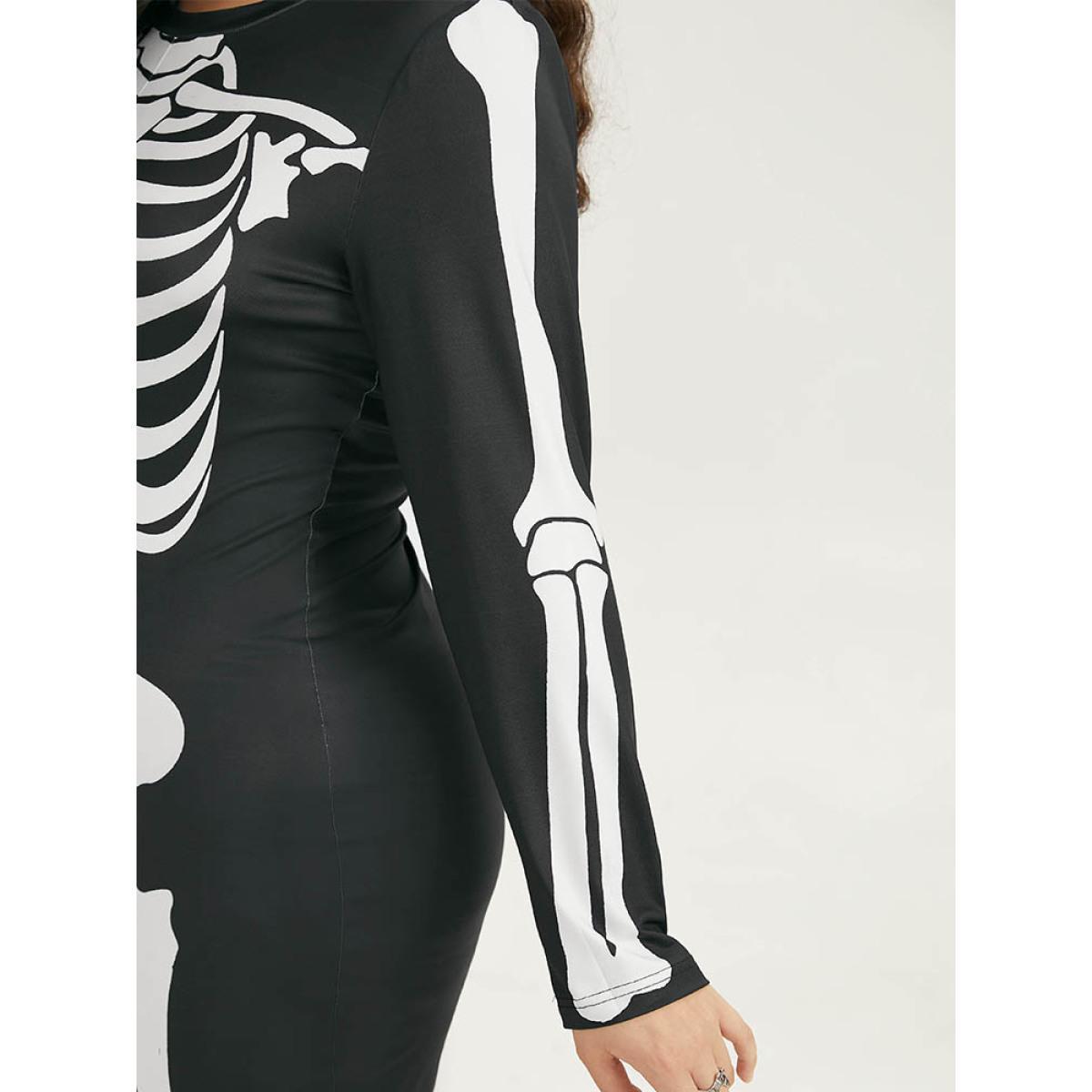 Plus Size Black Halloween Skull Print Skinny Crew Neck Jumpsuit Women Casual Long Sleeve Round Neck Festival-Halloween Loose Jumpsuits BloomChic 14-16/1X Product Image