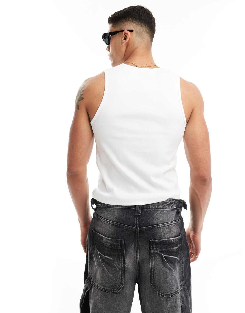 ASOS DESIGN muscle tank top in white with text chest print Product Image