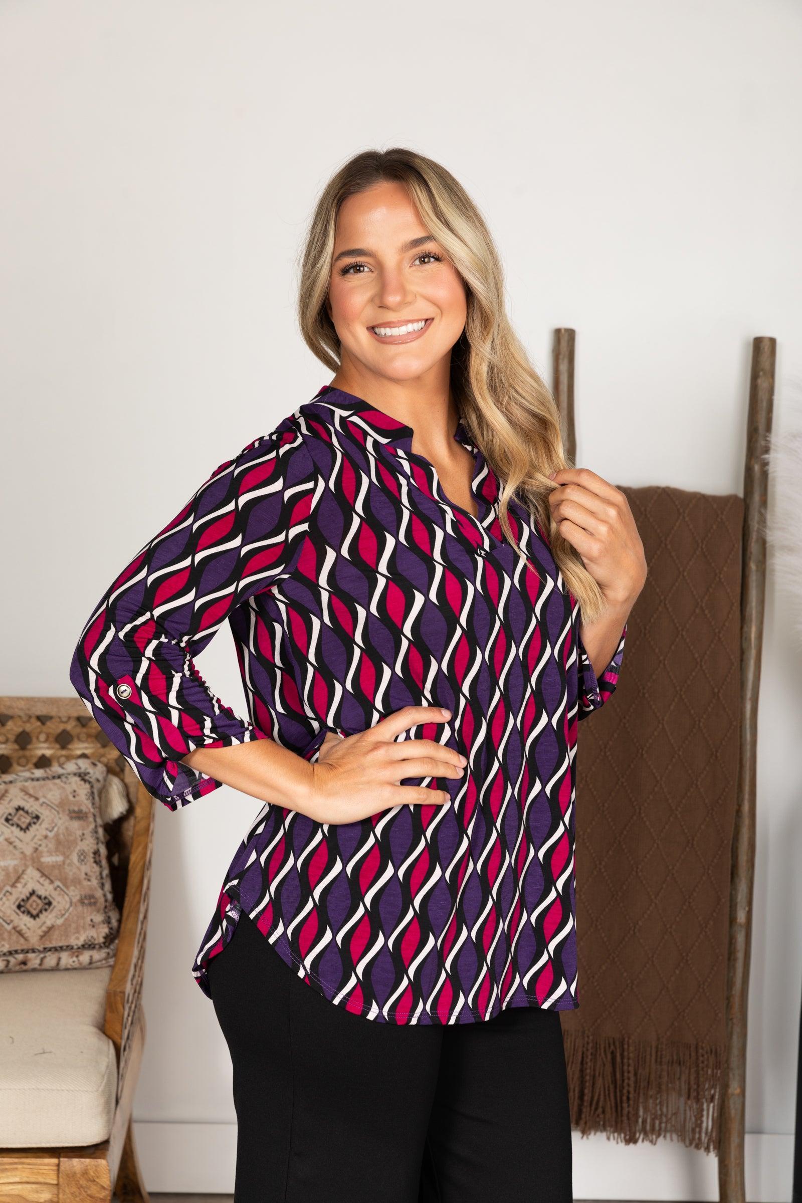 Plum And Magenta Print Wrinkle Free Lizzy Top Product Image