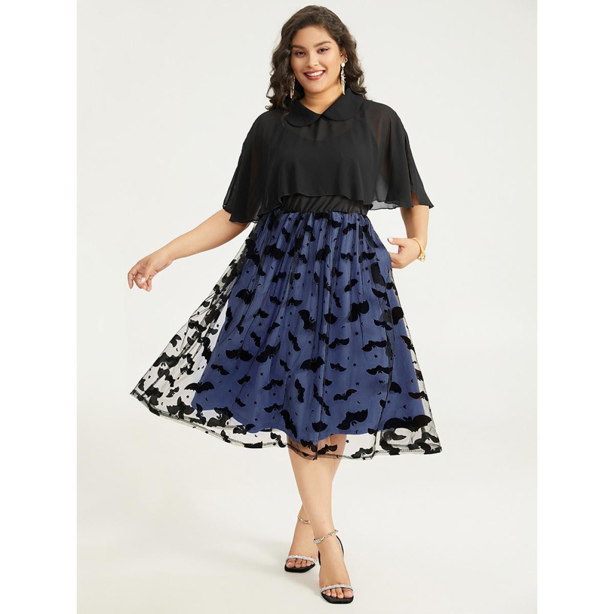 Plus Size Halloween Bat print Tiered Patchwork Dress DarkBlue Women Elegant Adjustable Straps Lapel Collar Sleeveless Curvy Midi Dress BloomChic 26/4X Product Image