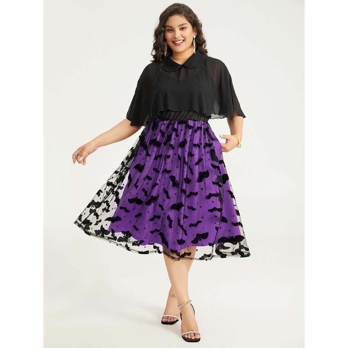 Plus Size Halloween Bat print Tiered Patchwork Dress DarkBlue Women Elegant Adjustable Straps Lapel Collar Sleeveless Curvy Midi Dress BloomChic 26/4X Product Image
