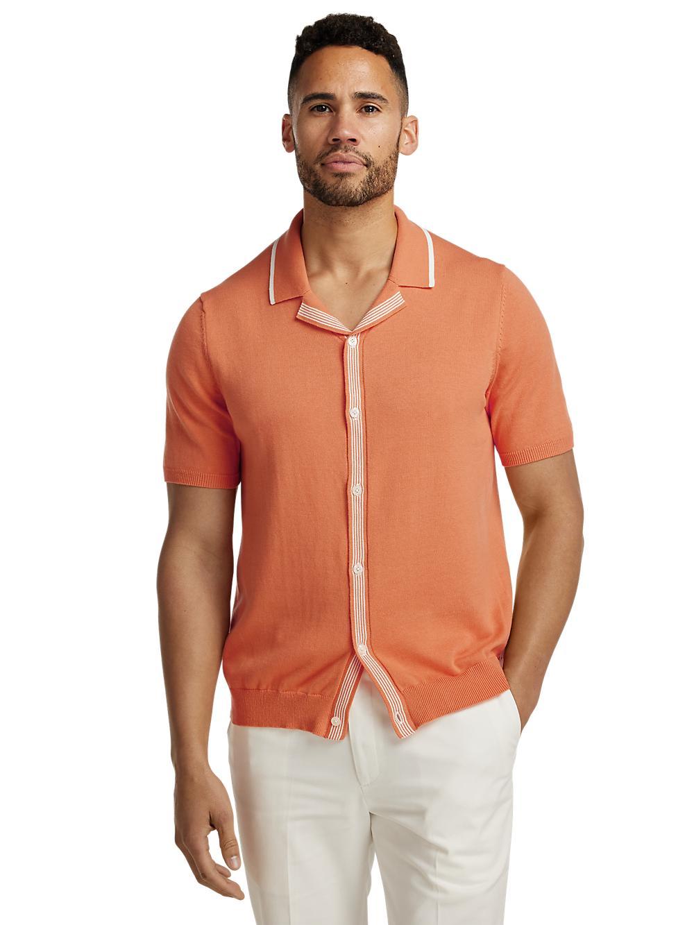 Cotton Button Front Camp Collar Sweater - Orange Product Image