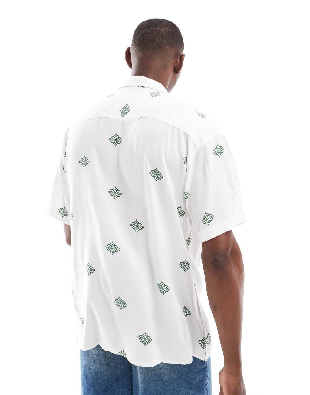 Jack & Jones camp collar placement print shirt in white Product Image