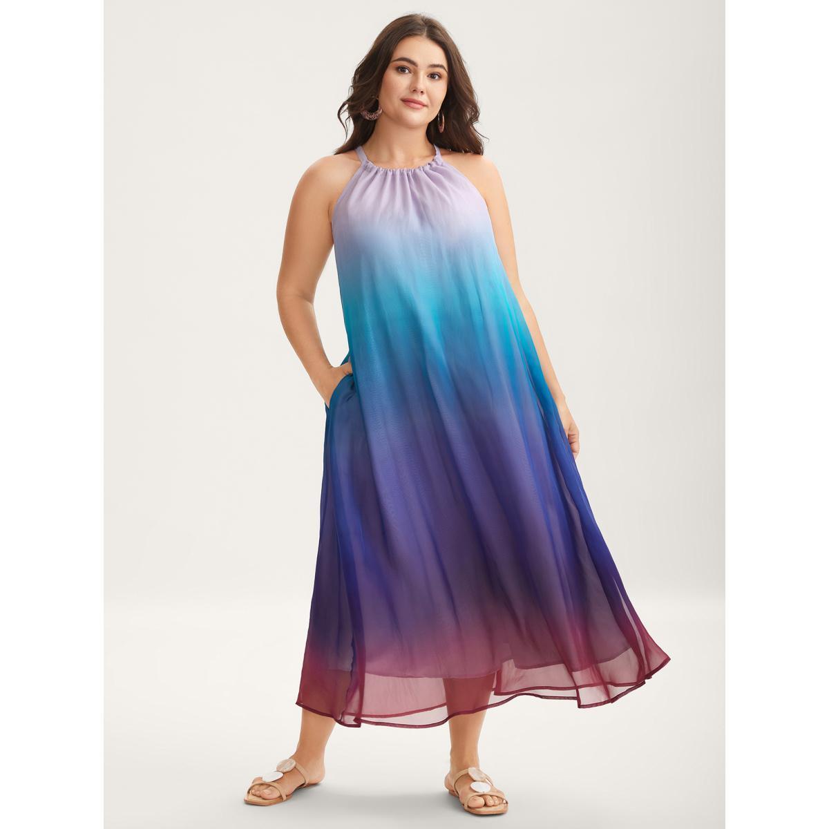 Plus Size Ombre Gradient Pockets Sheer Midi Dress Multicolor Women Halter neck Sleeveless Curvy BloomChic 18-20/2X Product Image