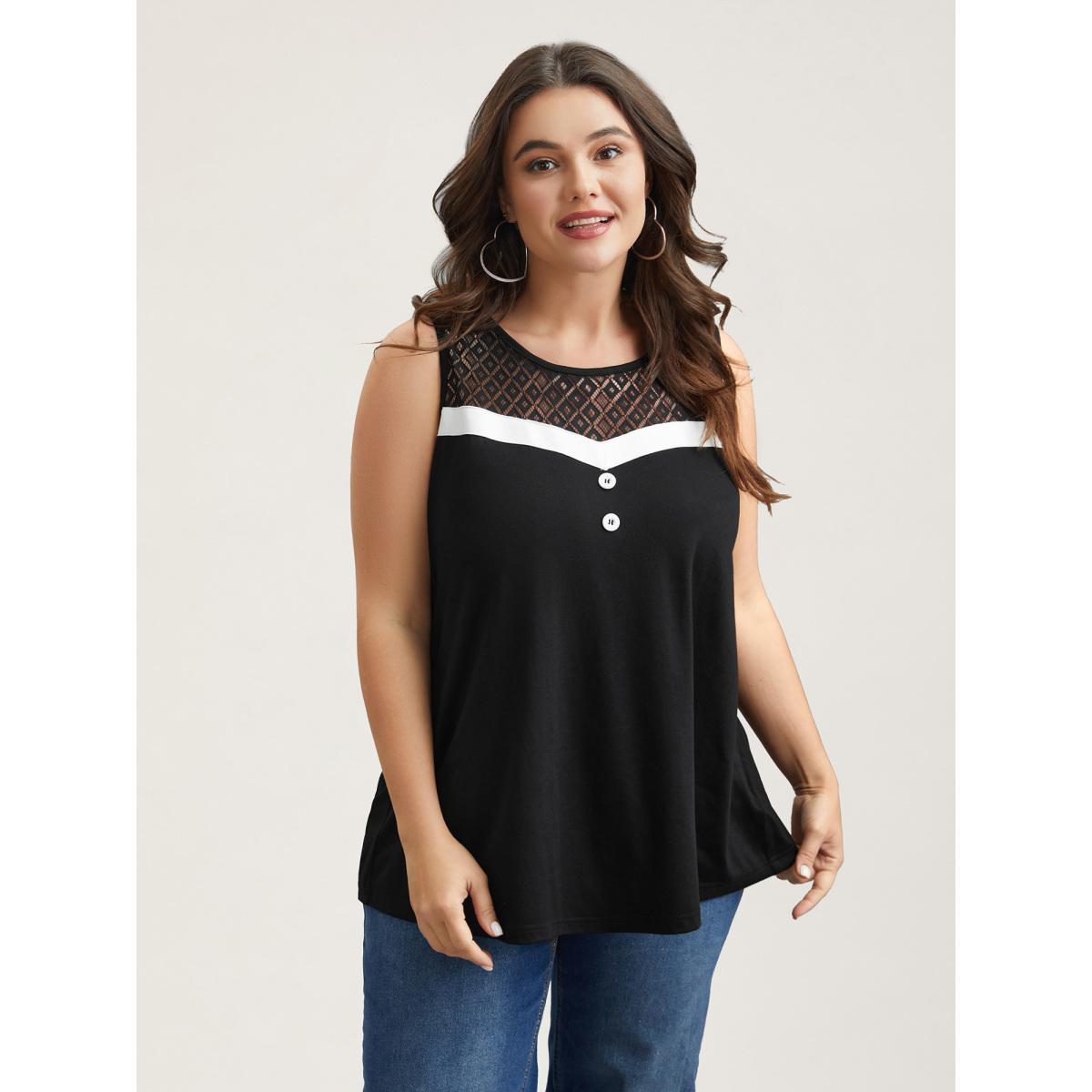 Plus Size Sheer Lace Color Contrast Button Vest Women Black Casual See through Round Neck Everyday Tank Tops Camis BloomChic 12/L Product Image