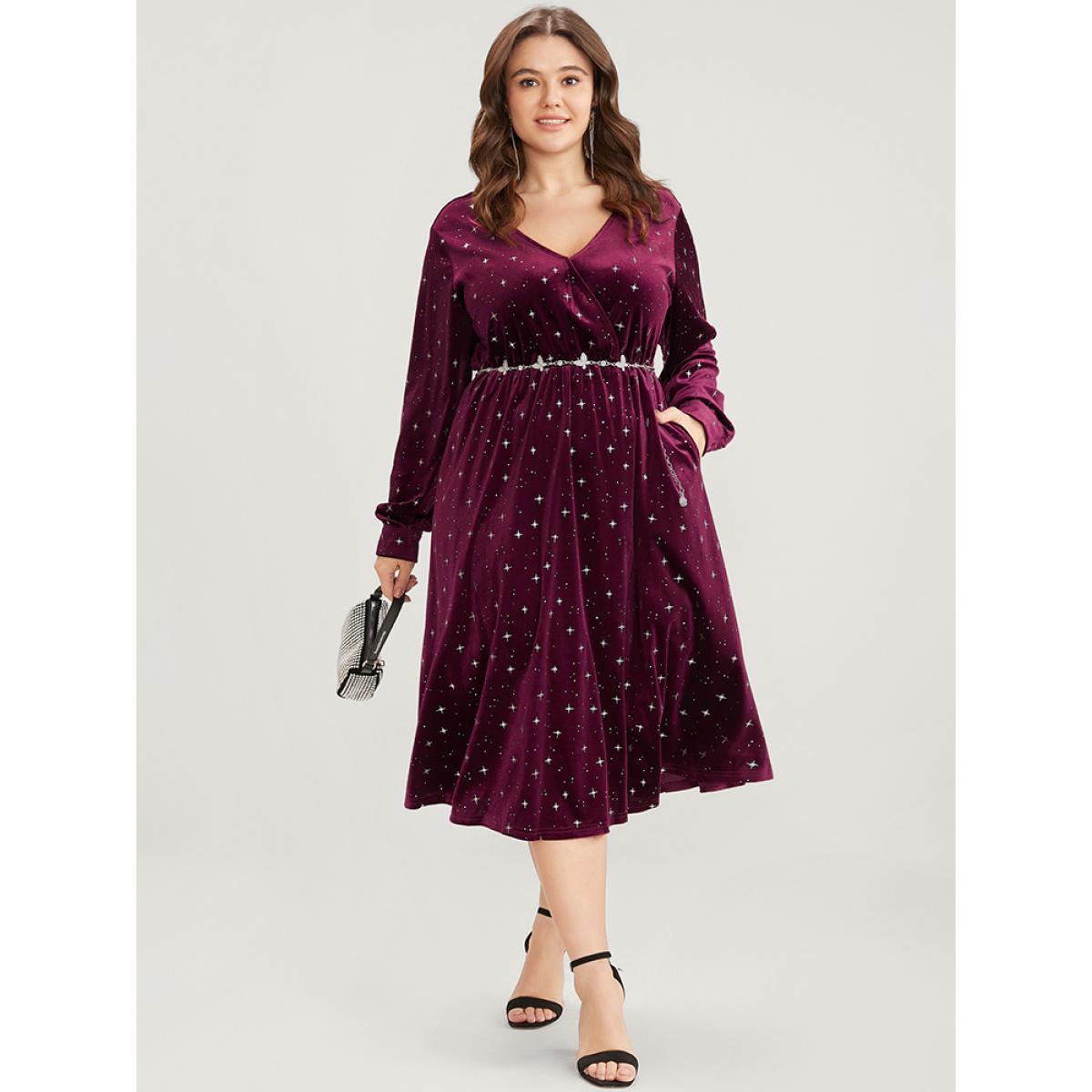 Plus Size Star Print Pocket Velvet Surplice Neck Midi Dress Scarlet Women Party V-neck Long Sleeve Curvy Midi Dress BloomChic 10/M Product Image