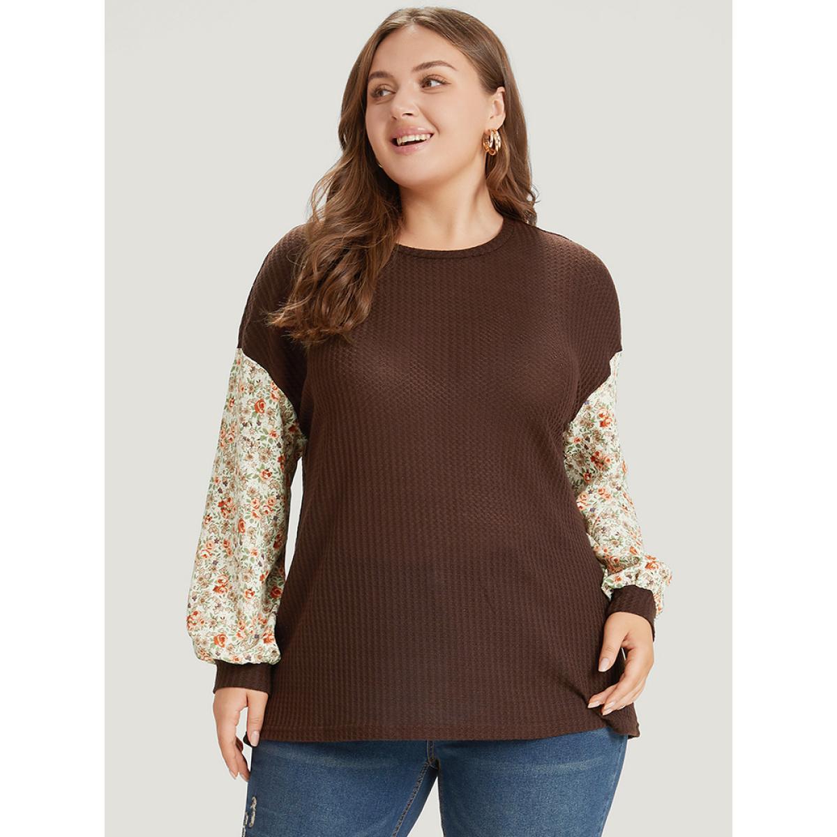 Plus Size Ditsy Floral Patchwork Lantern Sleeve Waffle Knit Sweatshirt Women DarkBrown Elegant Round Neck Dailywear Sweatshirts BloomChic 10/M Product Image
