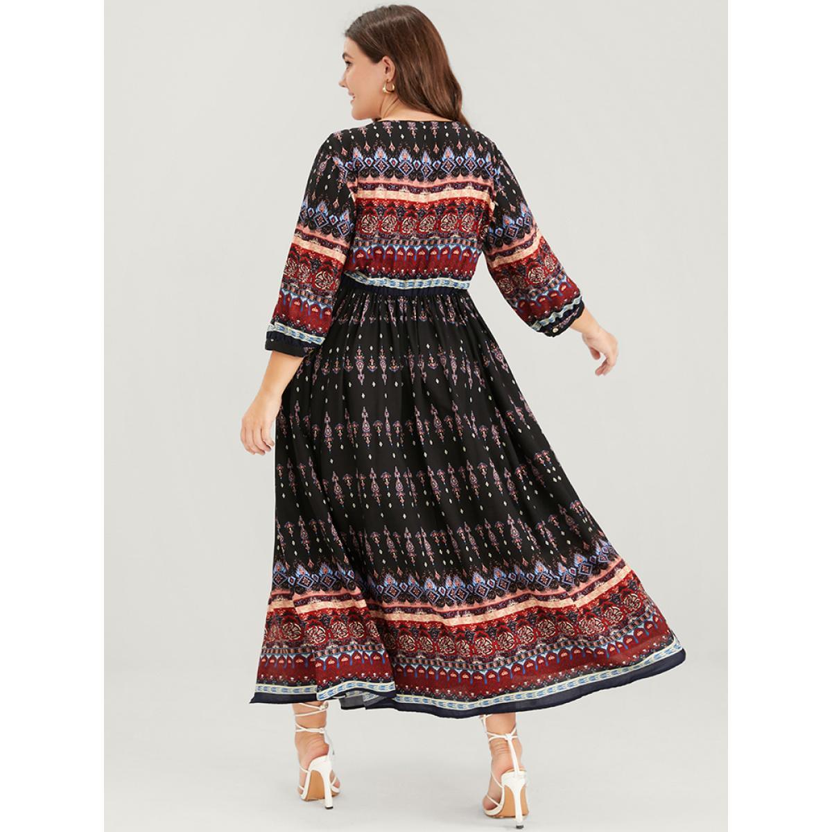 Plus Size Bandana Button Pocket Flutter Split Hem Midi Dress Black Women Elegant Elastic Waist V-neck Elbow-length sleeve Curvy Long Dress BloomChic 10/M Product Image