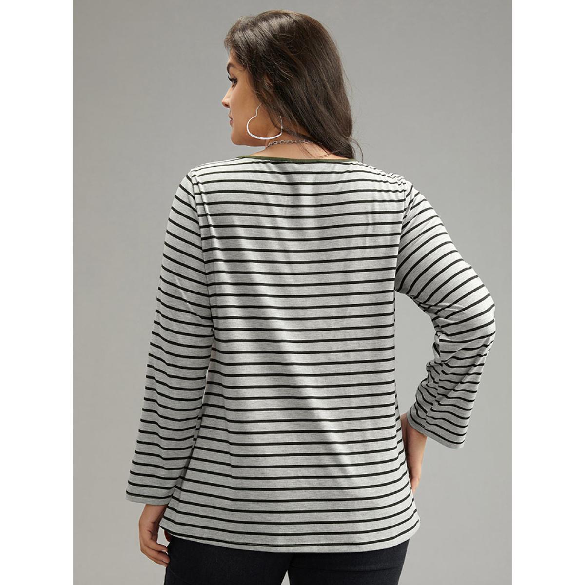 Plus Size Striped Contrast Button Up Tab Sleeve T-shirt Gray Women Casual Contrast Striped Open Front Everyday T-shirts BloomChic 28/5X Product Image