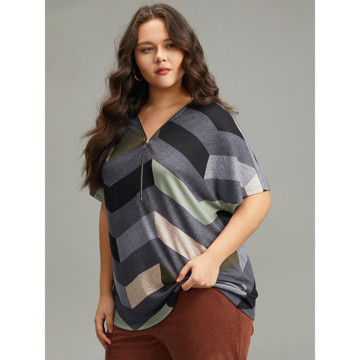 Plus Size Striped Zipper Batwing Sleeve T-shirt Gray Women Casual Zipper Striped V-neck Dailywear T-shirts BloomChic 12/L Product Image