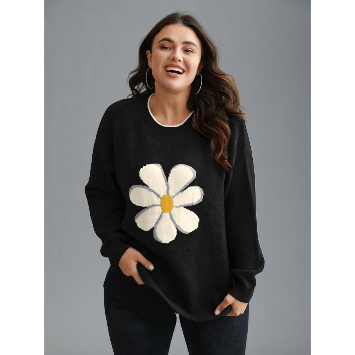 Plus Size Floral Textured Crew Neck Pullover Black Women Casual Loose Long Sleeve Round Neck Everyday Pullovers BloomChic 22-24/3X Product Image