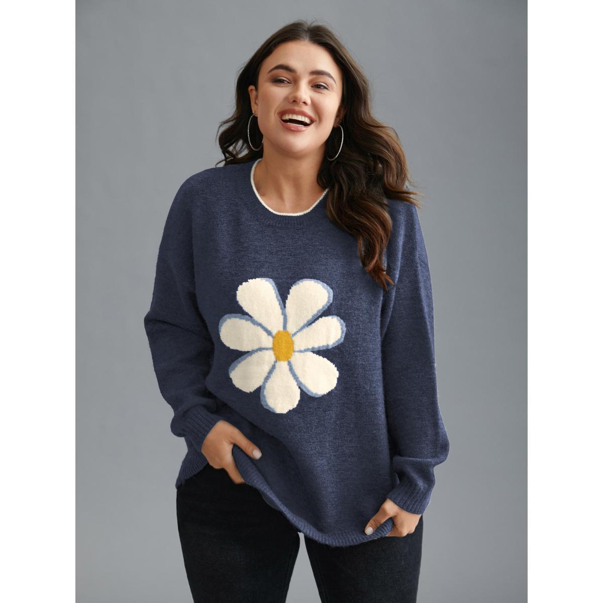 Plus Size Floral Textured Crew Neck Pullover Indigo Women Casual Loose Long Sleeve Round Neck Everyday Pullovers BloomChic 22-24/3X Product Image