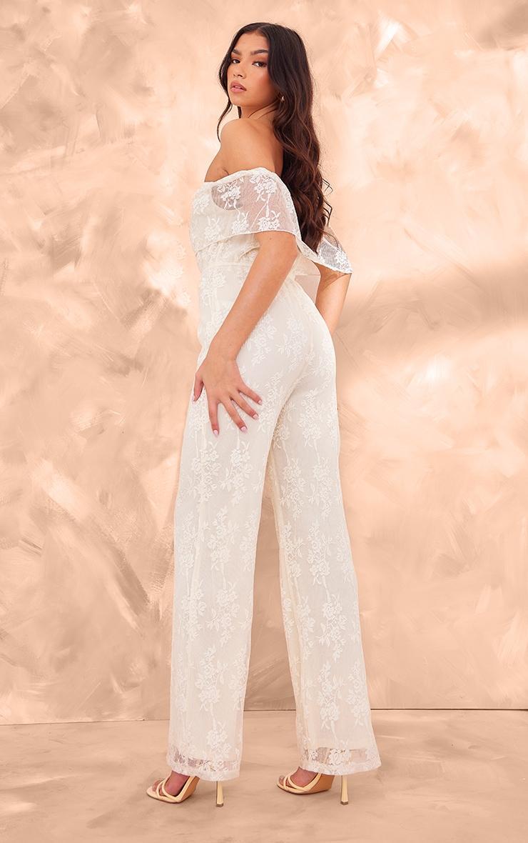 Butter Cream Shimmer Floral Lace Bardot Jumpsuit Product Image
