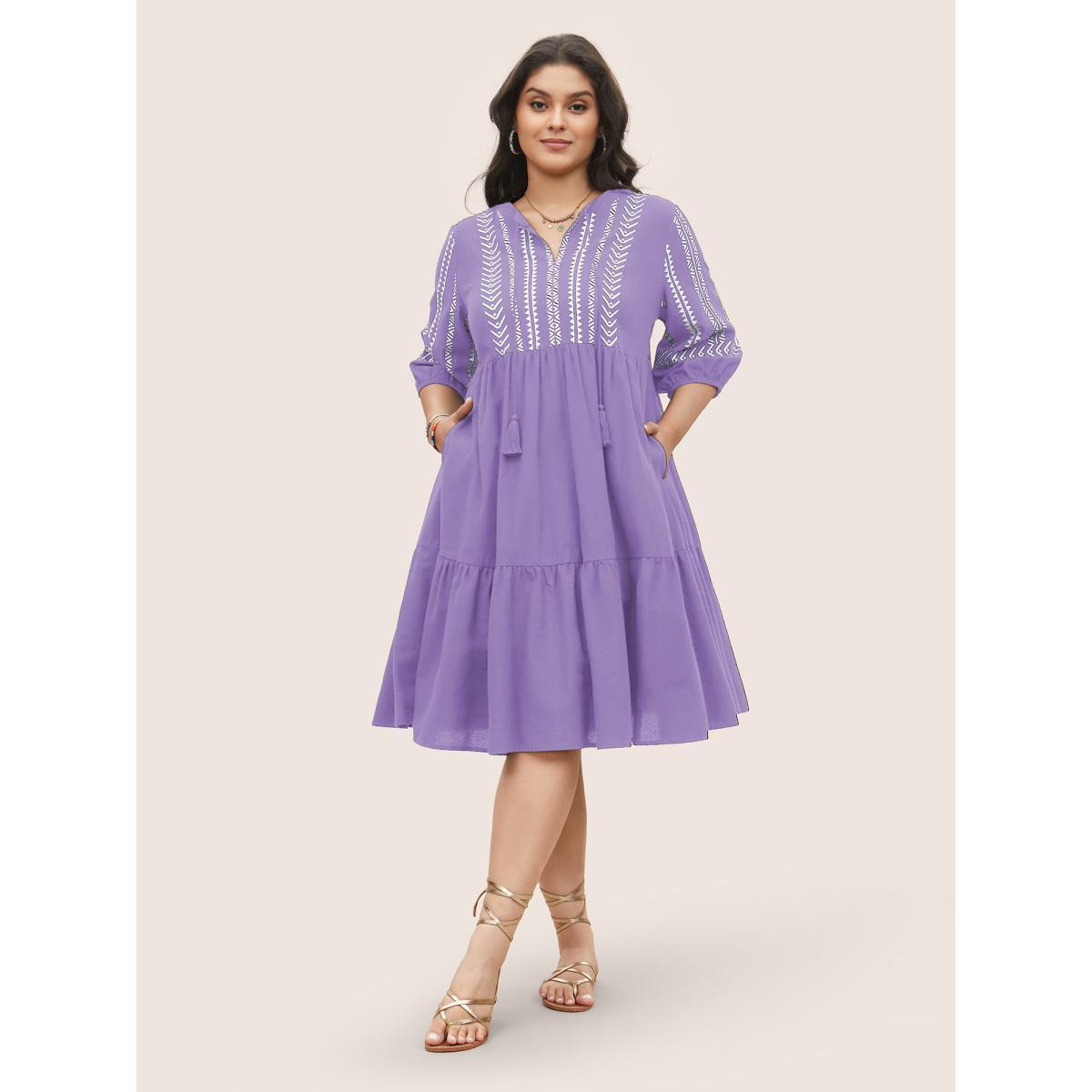 Plus Size Cotton Geometric Bandana Print Tassel Trim Dress Lilac Women Resort Non V-neck Short sleeve Curvy Knee Dress BloomChic 14-16/1X Product Image
