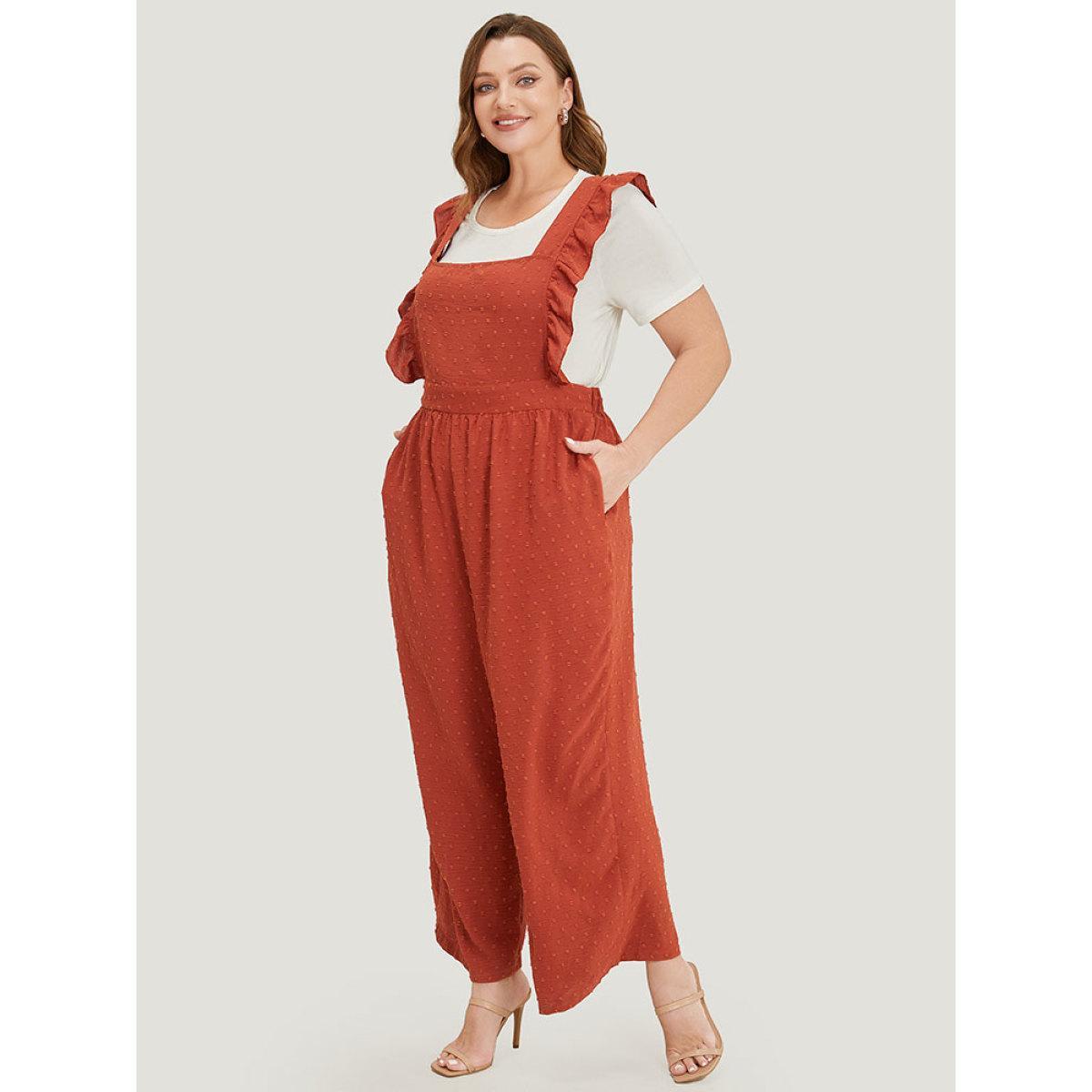 Plus Size Rust Polka Dot Square Neck Pocket Ruffle Trim Overall Jumpsuit Women Elegant Sleeveless Square Neck Dailywear Loose Jumpsuits BloomChic 22-24/3X Product Image