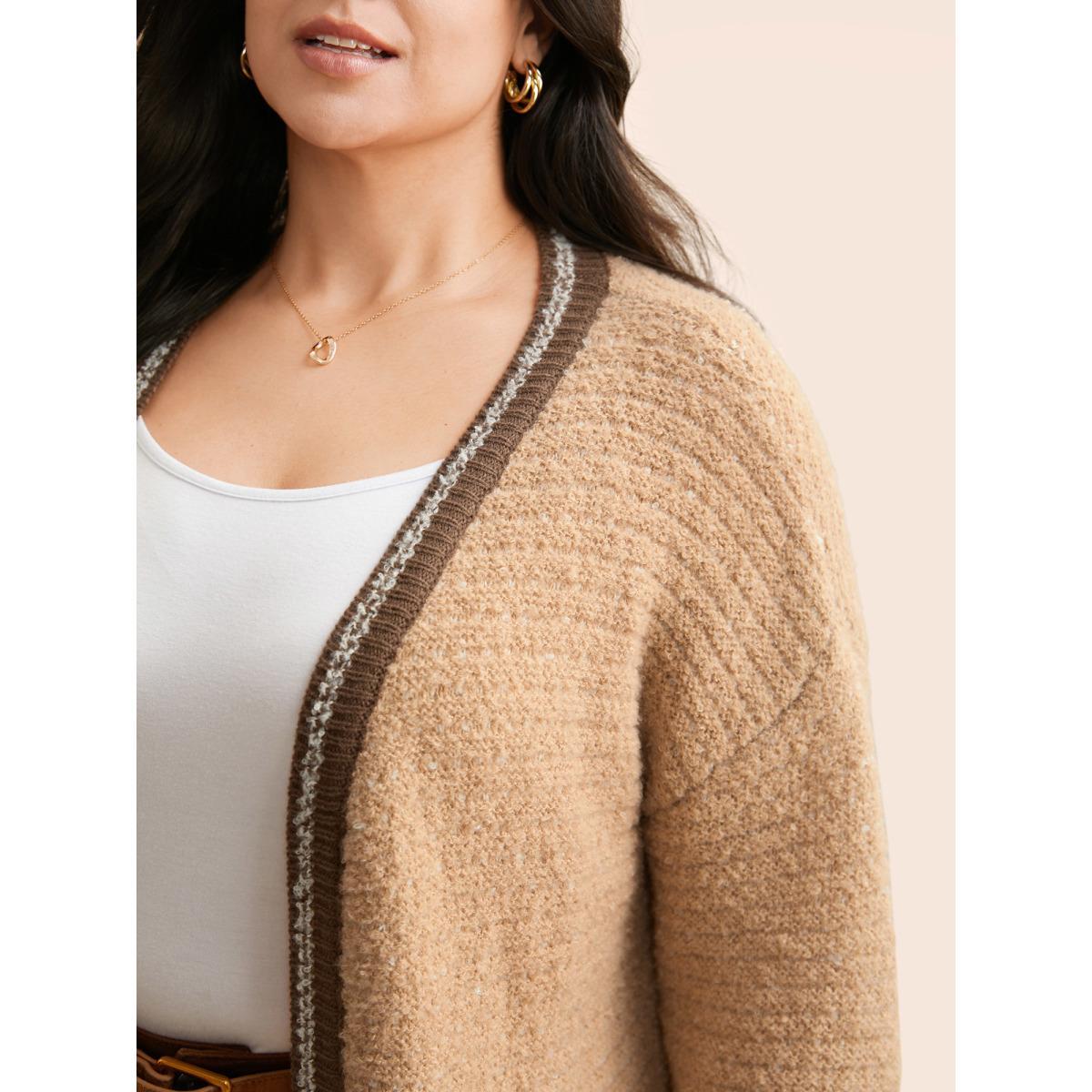 Plus Size Texture Contrast Drop Shoulder Sleeve Cardigan LightBrown Women Casual Loose Long Sleeve Everyday Cardigans BloomChic 14-16/1X Product Image