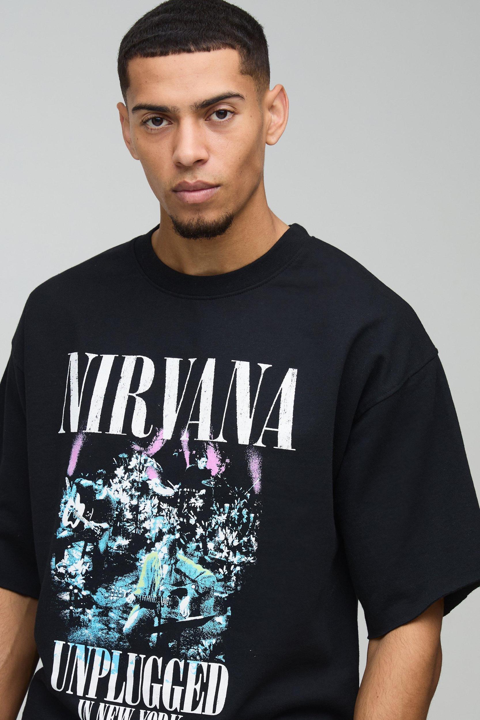 Oversized Half Sleeve Raw Hem Nirvana License Print Sweatshirt | boohooMAN USA Product Image