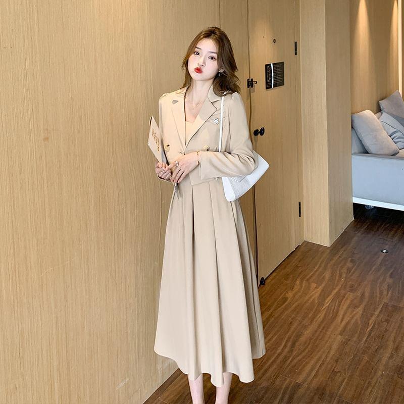 Set: Spaghetti Strap Plain Midi A-Line Dress + Crop Double-Breasted Blazer Product Image