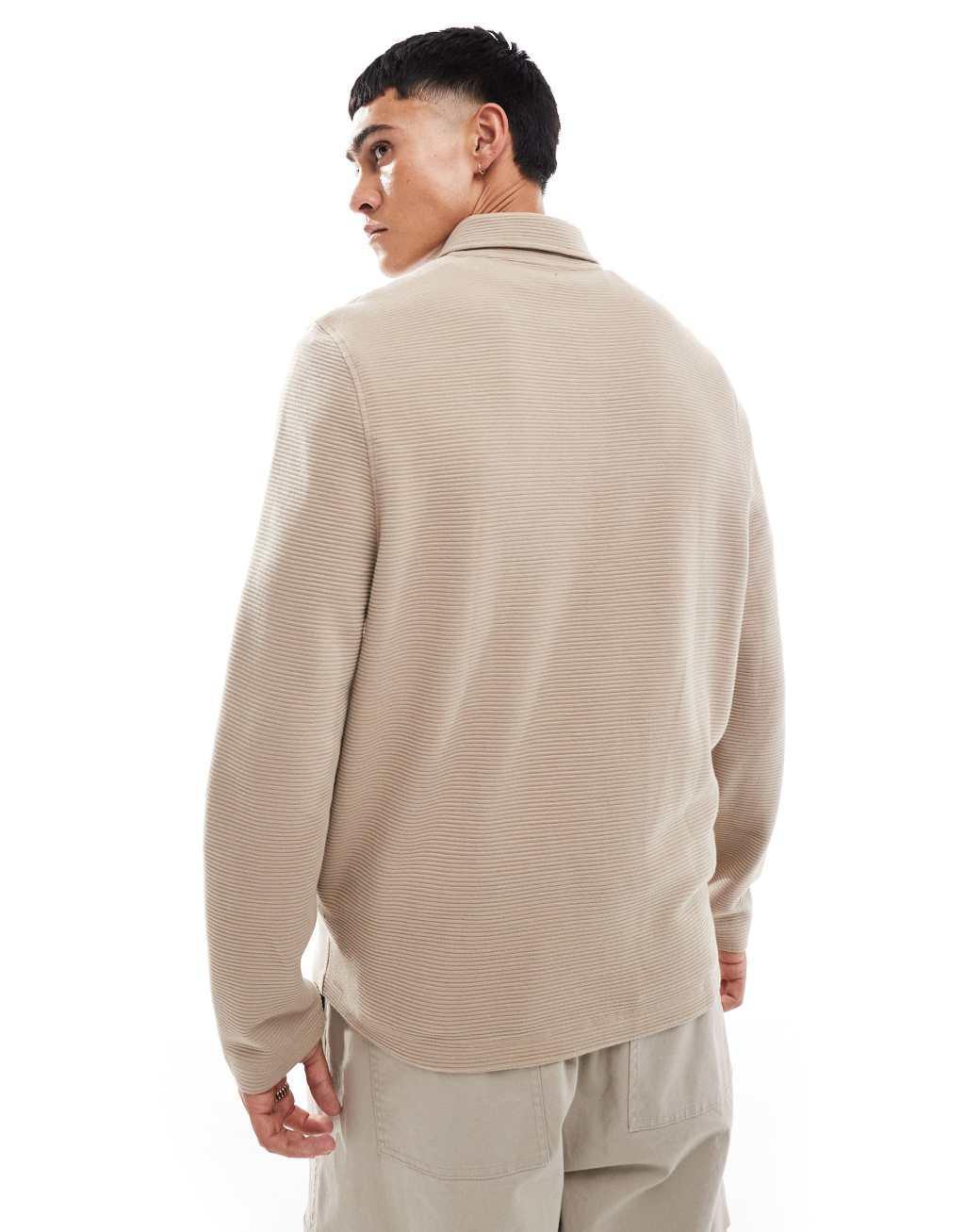 ASOS DESIGN quarter zip rib collar sweatshirt in stone Product Image