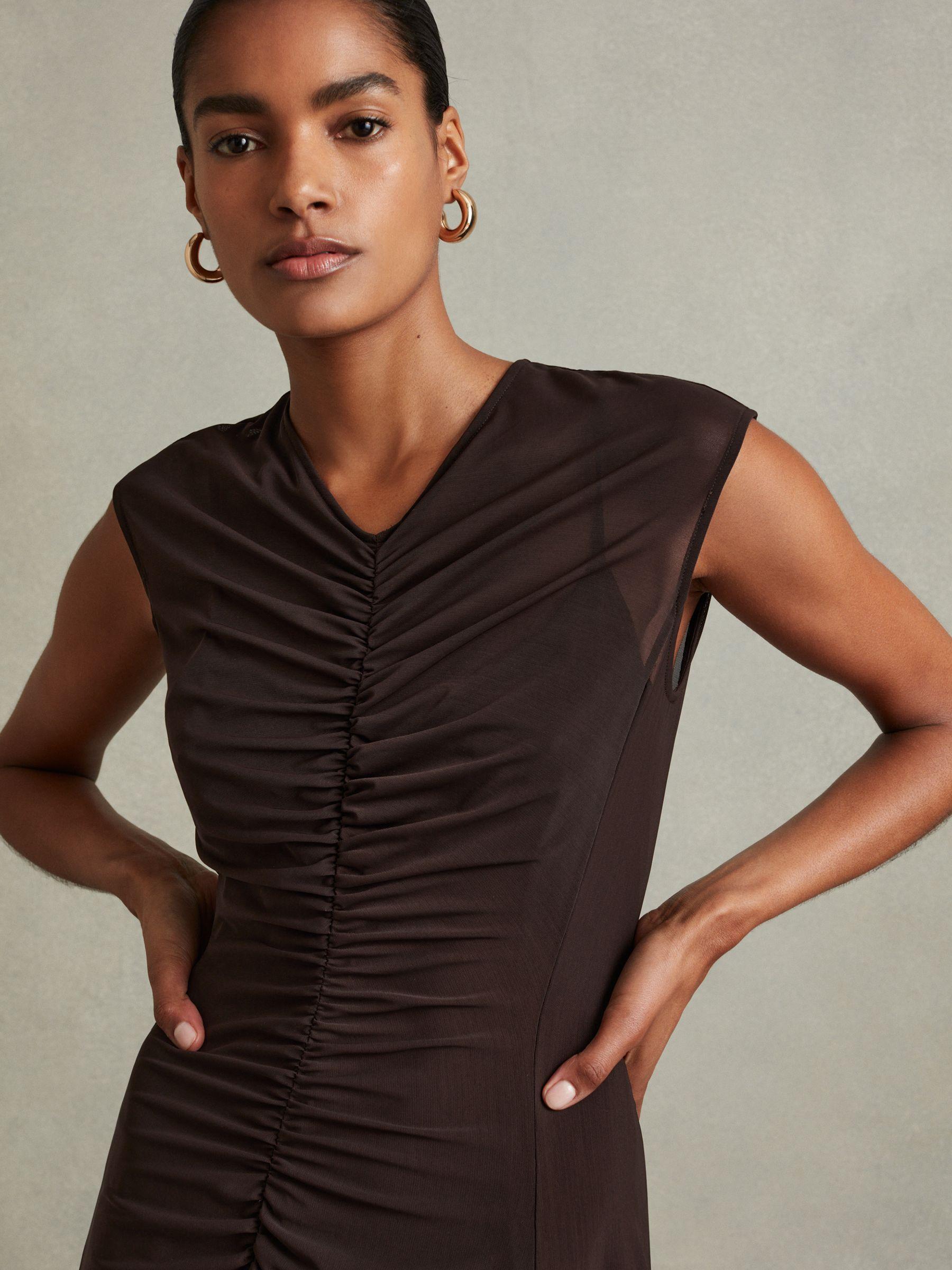 Petite Mesh Ruched Midi Dress in Chocolate Product Image