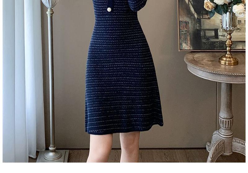 Long-Sleeve Round Neck Striped Knit A-Line Dress Product Image