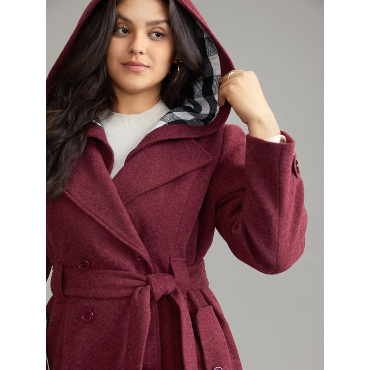 Plus Size Plaid Patchwork Double Breasted Belted Hooded Coat Women Burgundy Casual Lined Ladies Dailywear Winter Coats BloomChic 14-16/1X Product Image