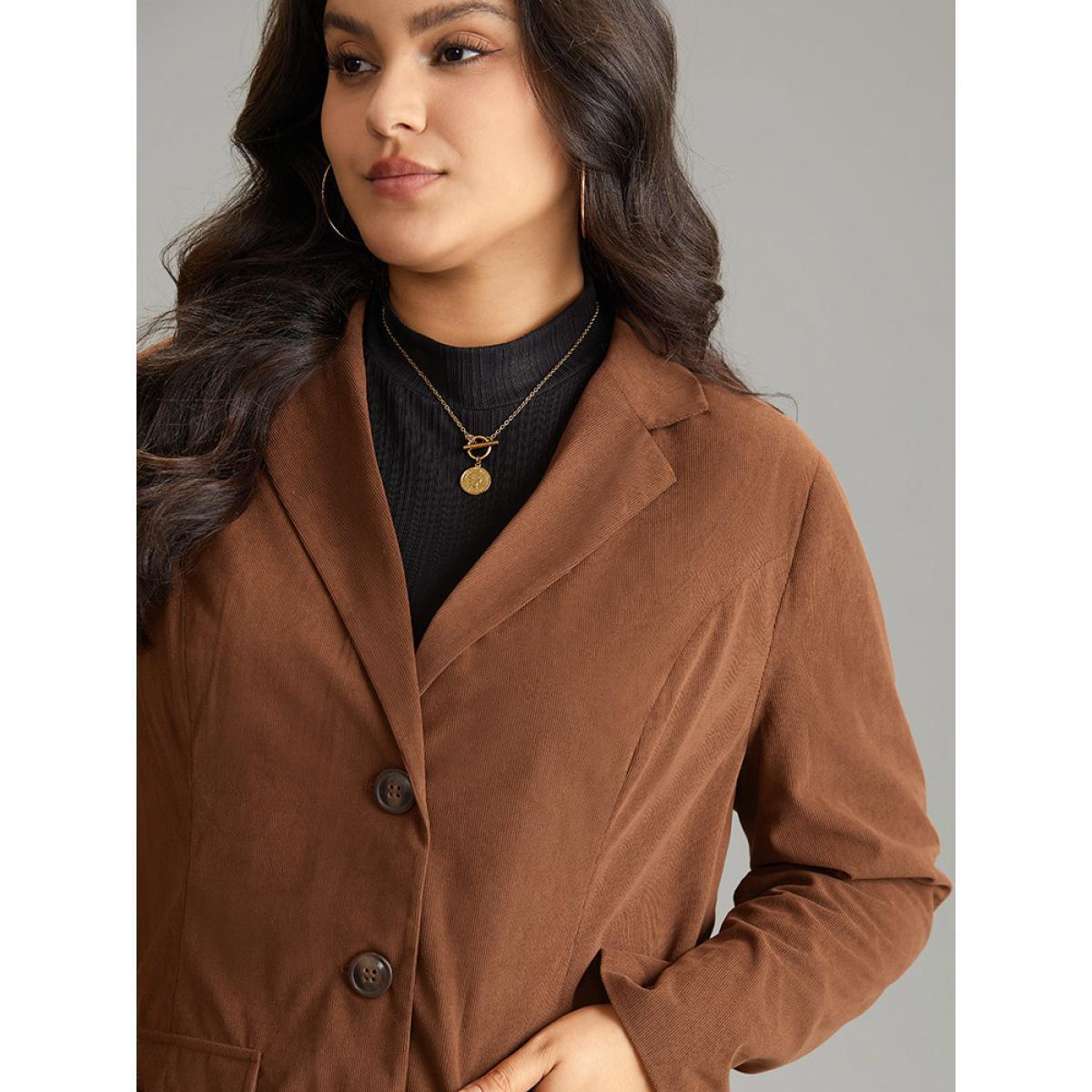 Plus Size Corduroy Suit Collar Button Up Flap Detail Blazer DarkBrown Women Dailywear Plain Lined Sleeve Long Sleeve Suit Collar 28/5X Pocket Casual Blazers BloomChic Product Image