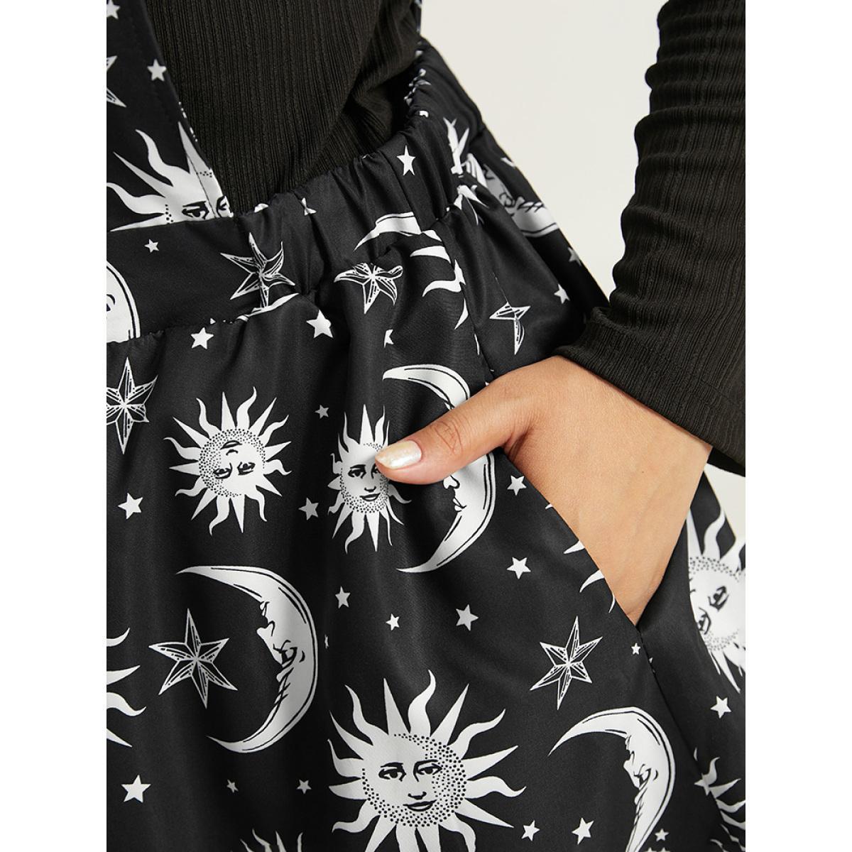 Plus Size Halloween Moon & Star Print Pocket Spaghetti Strap Dress Black Women Casual Adjustable Straps Spaghetti Strap Sleeveless Curvy Knee Dress BloomChic 12/L Product Image