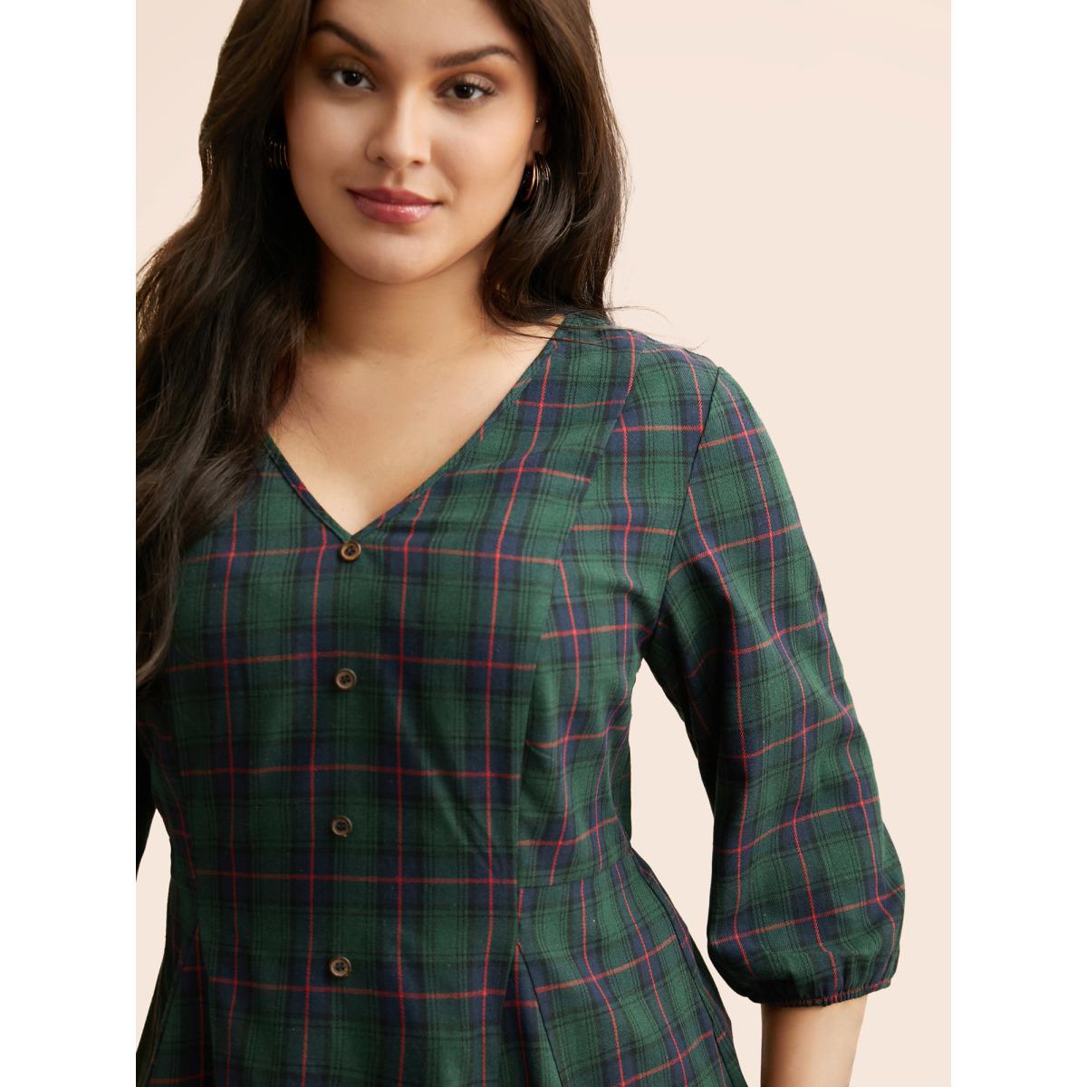 Plus Size DarkGreen Plaid Button Detail Lantern Sleeve Blouse Women Elegant Elbow-length sleeve V-neck Everyday Blouses BloomChic 18-20/2X Product Image