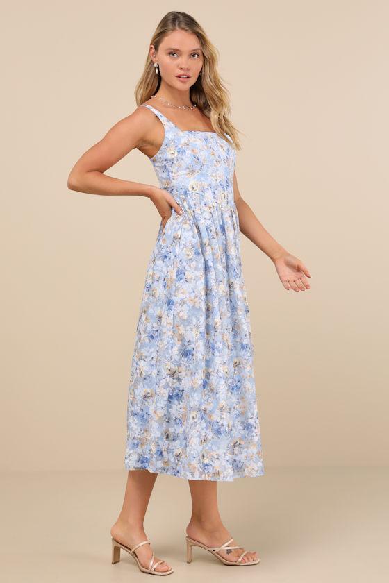 Colwyn Blue Floral Basque Waist Bustier Midi Skirt Product Image