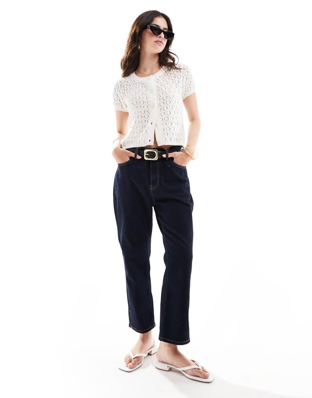 ASOS DESIGN knitted short sleeve cardigan in stitch detail in cream Product Image