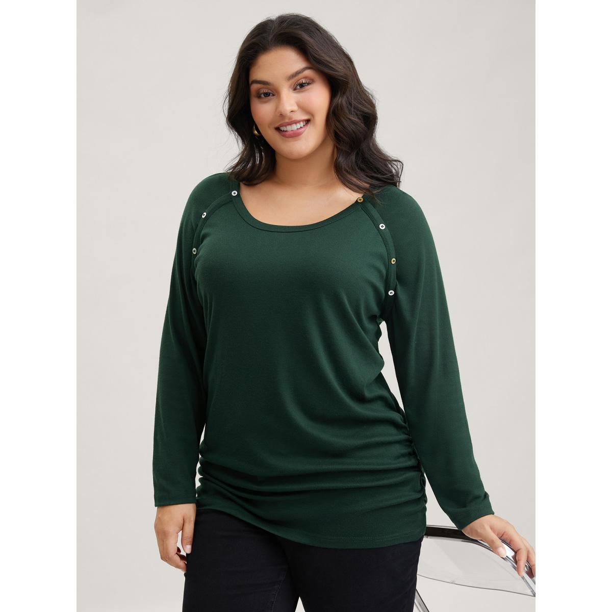 Plus Size Plain Gathered Button Detail T-shirt DarkGreen Women Casual Gathered Plain Round Neck Dailywear T-shirts BloomChic 10/M Product Image