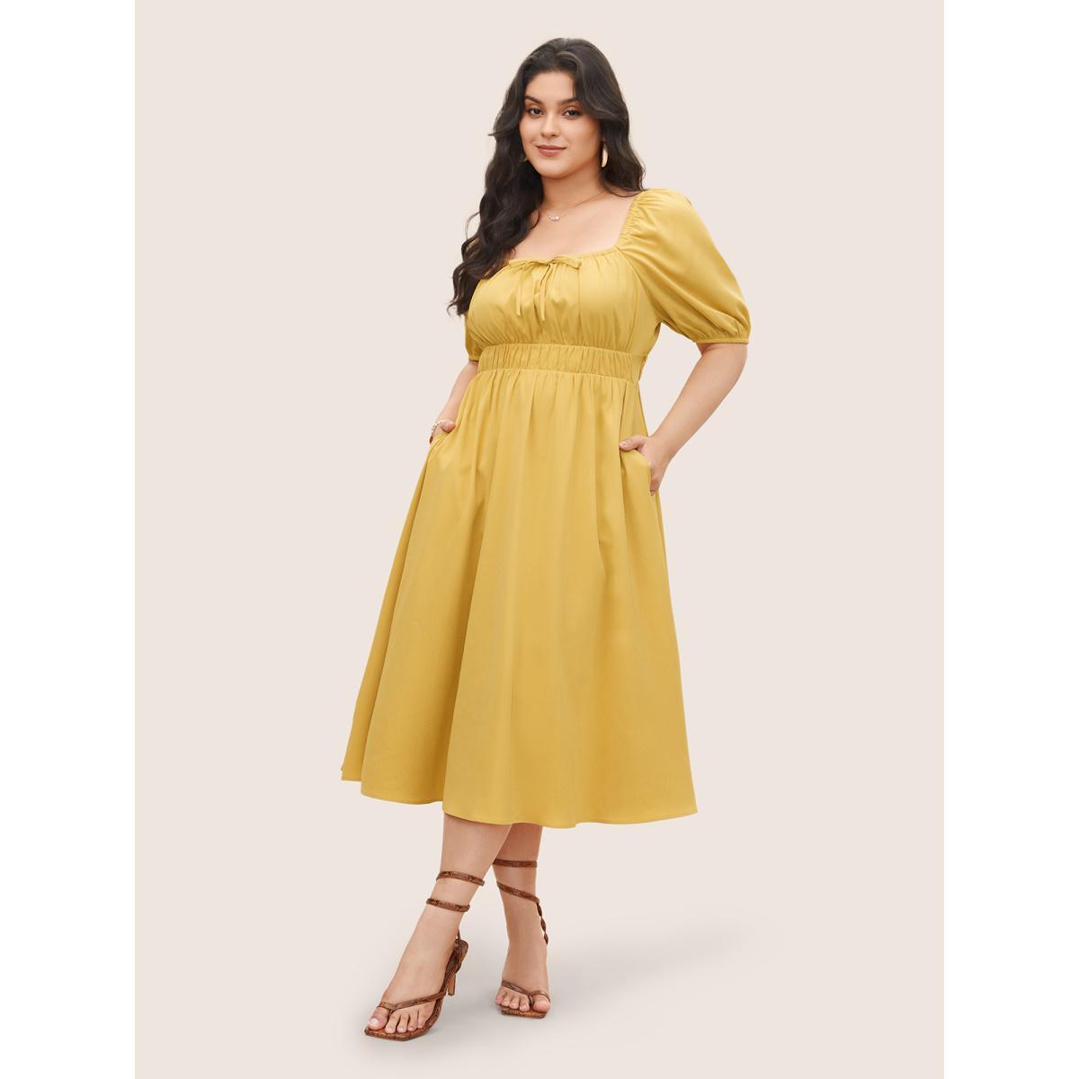 Plus Size Plain Lantern Sleeve Drawstring Square Neck Dress Yellow Women Elegant Non Square Neck Short sleeve Curvy Midi Dress BloomChic 26/4X Product Image