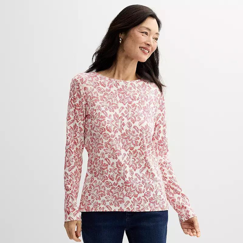 Petite Croft & Barrow® Crewneck Long-Sleeve Tee, Women's, Size: Medium Petite, Red Pink Tiny Blooms Product Image