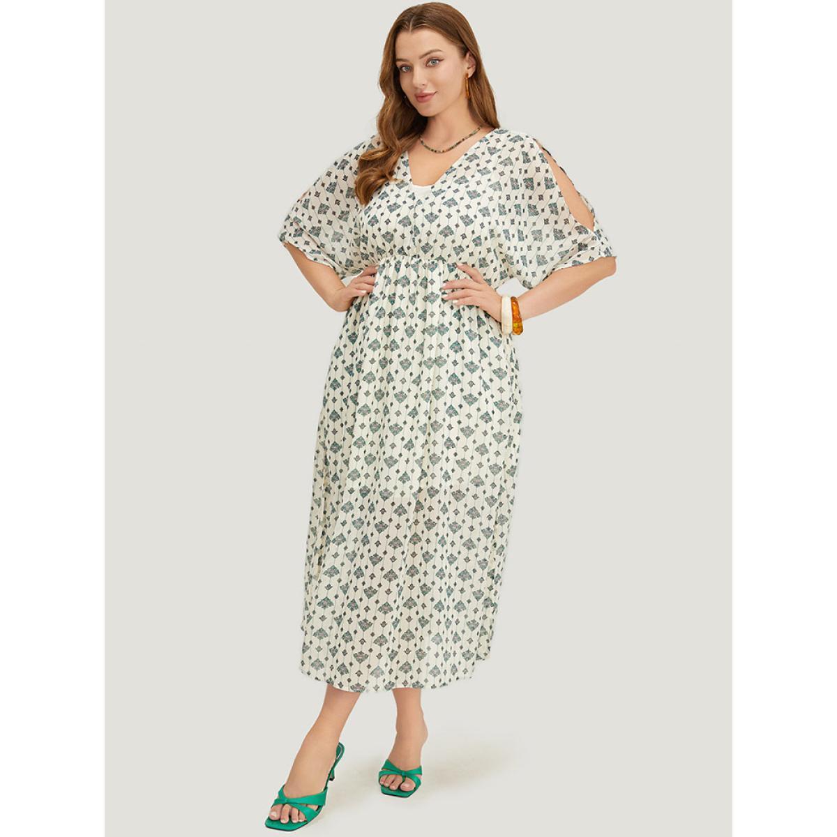 Plus Size Bandana Dolman Sleeve Pocket Cold Shoulder Split Dress Ivory Women Vacation Stand-up collar Half Sleeve Curvy Midi Dress BloomChic 14-16/1X Product Image