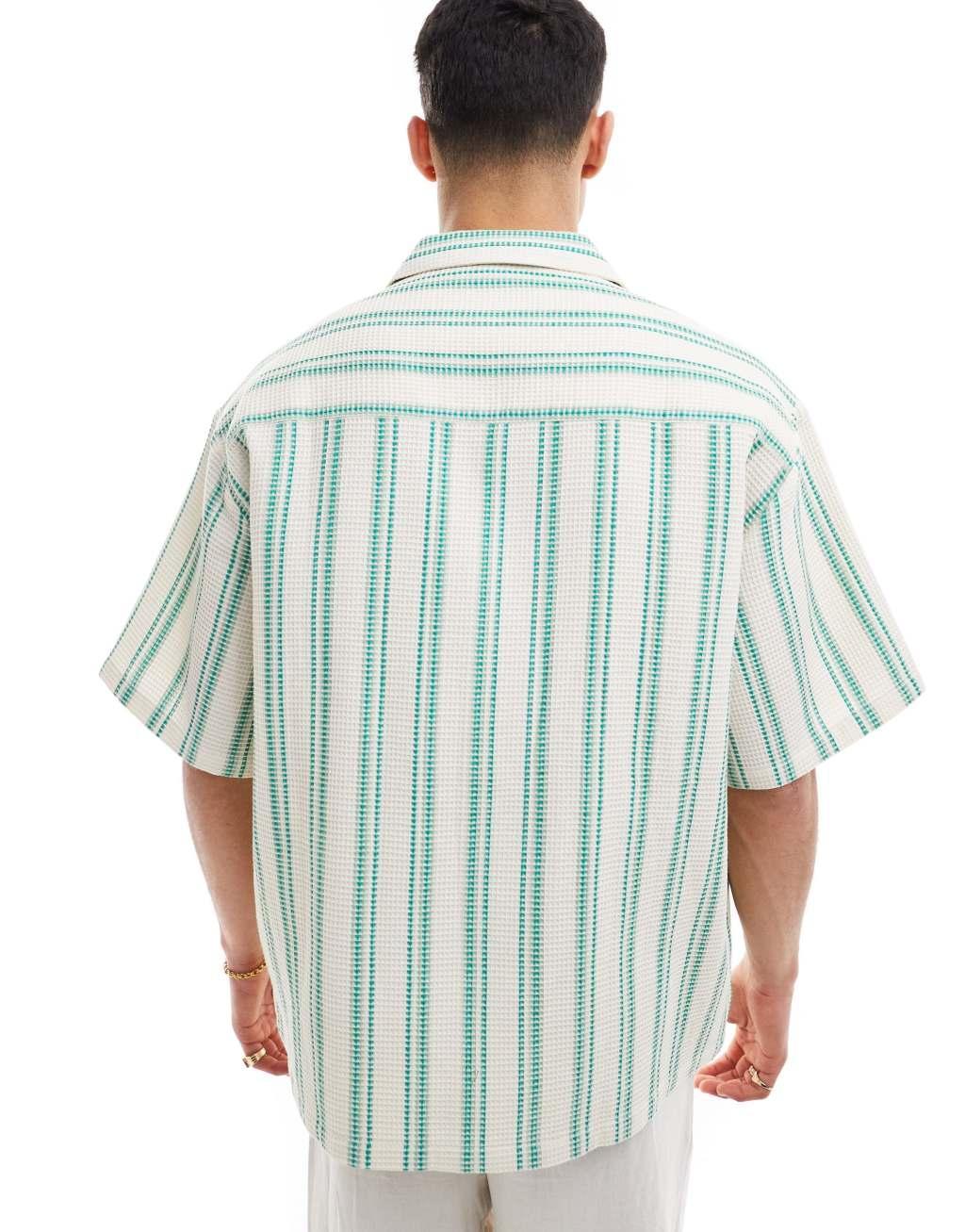 ASOS DESIGN oversized revere shirt in green waffle stripe Product Image