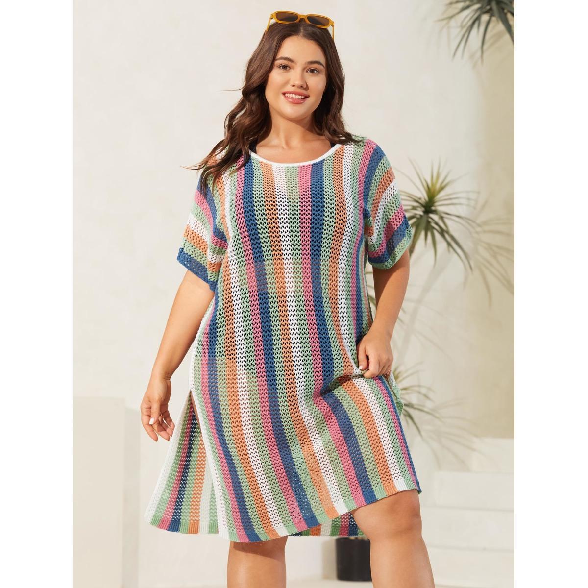 Plus Size Textured Cut-Out Colorful Swim Cover-Up Women's Swimwear Multicolor Beach Loose Texture Curve Swim Cover Ups BloomChic 28/5X Product Image