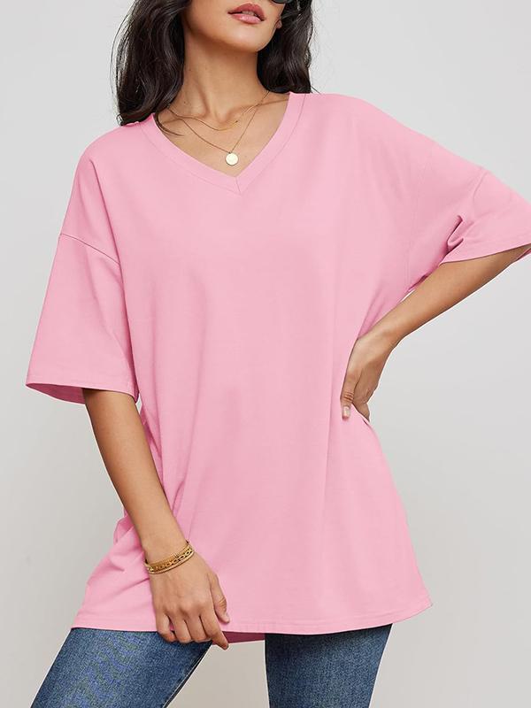 Short Sleeves Solid Color Split-Joint V-Neck T-Shirts Product Image