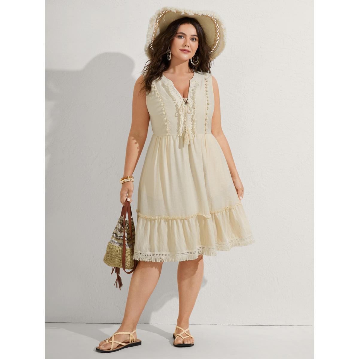 Plus Size Pure Cotton Tassels Lace Midi Dress Apricot Women Woven ribbon&lace trim Flat collar with V-notch Sleeveless Curvy BloomChic 28/5X Product Image