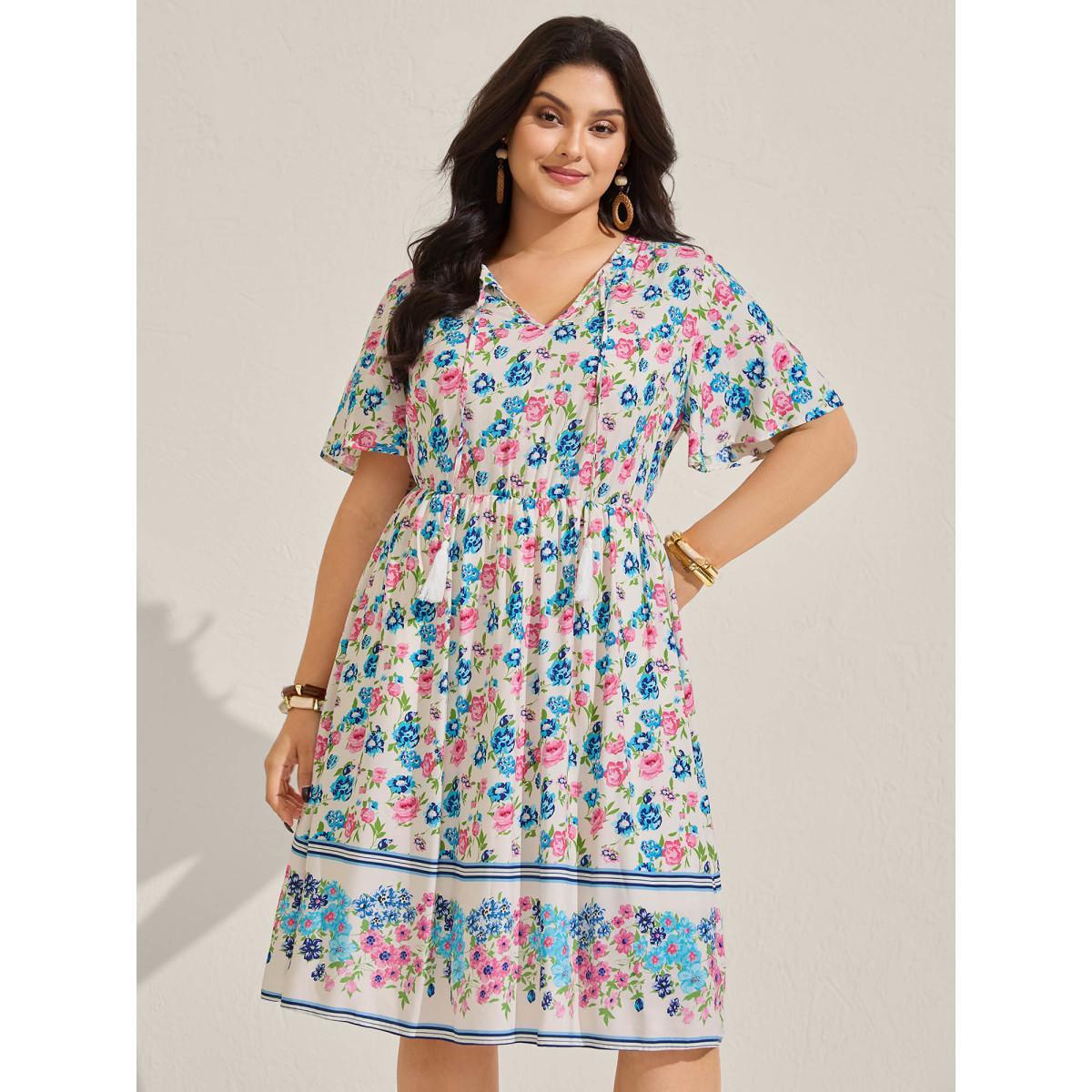 Plus Size Rayon Floral Print Neck Tie Pockets Midi Dress Multicolor Women Notched collar Short sleeve Curvy BloomChic 18-20/2X Product Image