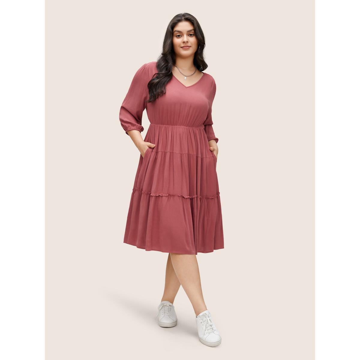 Plus Size Solid Frill Trim Crinkled Ruffle Layered Hem Dress Russet Women Casual Non V-neck Elbow-length sleeve Curvy Midi Dress BloomChic 10/M Product Image