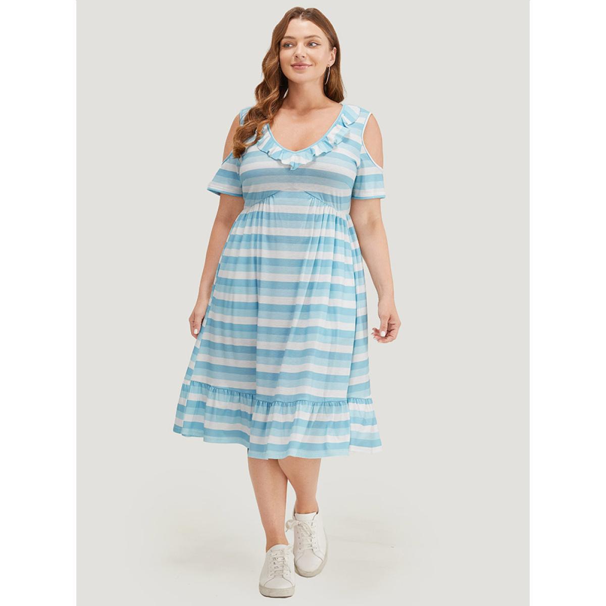 Plus Size Striped Contrast Pocket Ruffle Trim Cold Shoulder Dress LightBlue Women Casual Contrast Cold Shoulder Short sleeve Curvy Midi Dress BloomChic 28/5X Product Image